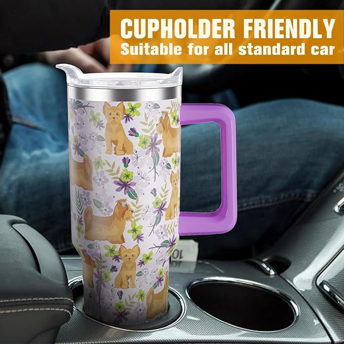 Yorkie Gifts for Women Dog Lovers 40 oz Floral Yorkie Tumblers with Handle and Straw, Stainless Steel Vacuum Insulated Travel Coffee Mug Cup Water Bottle