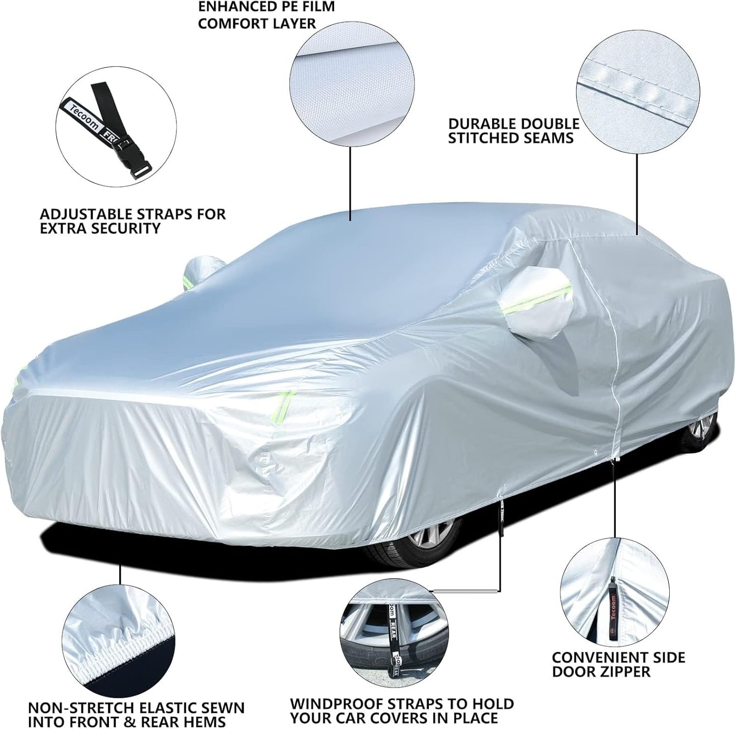 Tecoom Car Cover Waterproof All Weather for Automobiles, Light Shell Waterproof UV-Proof Windproof Design Car Cover with Zipper Storage and Lock for All Weather Indoor Outdoor Fit 191-200 Inches Sedan