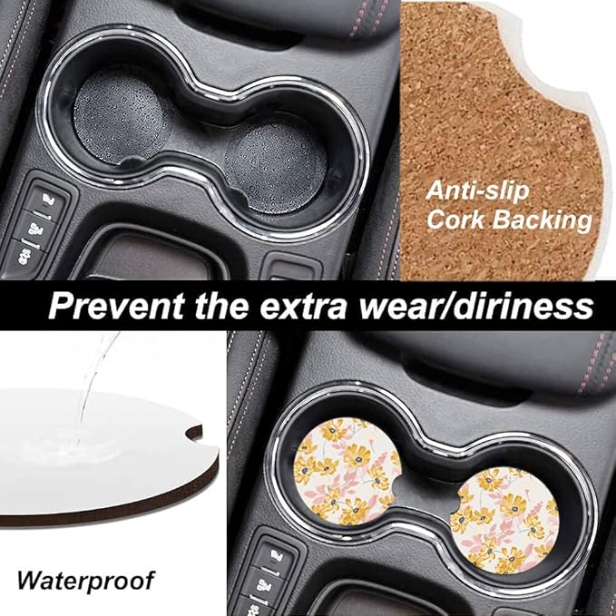 Absorbent Car Cupholder Coaster 2 Pack, Cute Car Coasters with a Finger Notch for Women & Men,2.56" Ceramic Stone & Non-Scratch Cork Base Drink Coasters, Cute Auto Accessories Gifts
