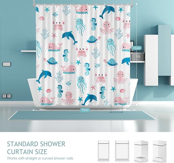 Vimorco Sea Turtle Shower Curtain, Dolphin Shower Curtains for Bathroom, Waterproof Quick-Dry Polyester Fabric White Shower Curtain, Ocean Animals Octopus Whale Bath Curtain Bathroom Decor, 12 Hooks