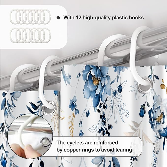 AWERT Blue Plants Shower Curtain with Hooks Watercolor Leaves Shower Curtain for Bathroom Waterproof Bathroom Accessories Bathtub Decor 72x72inch