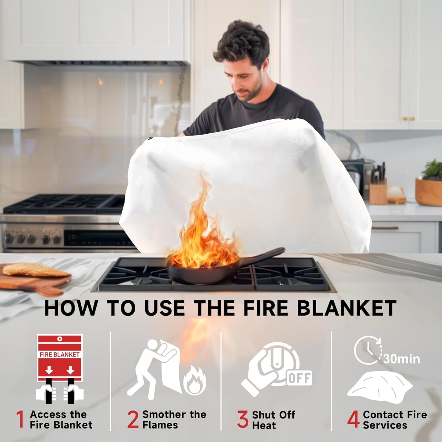 Fire Blanket Emergency for Home Kitchen - 40"x40" Fireproof Safety Protection Fiberglass Flame Retardant Blankets Survival Essential Kit for House Car Camping Outdoor Fireplace Grill BBQ - 1 Pack
