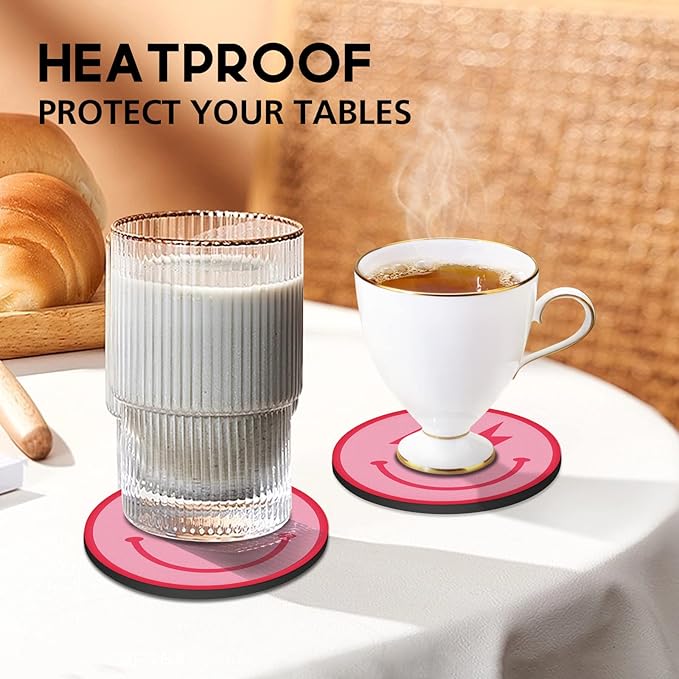 Swooflia Coasters for Drinks Coffee Table, Smile Face Cute Silicone Absorbent Cup Coaster Set Housewarming Kitchen Home Wooden Desk Office Bar Tabletop Decor 6 Pack
