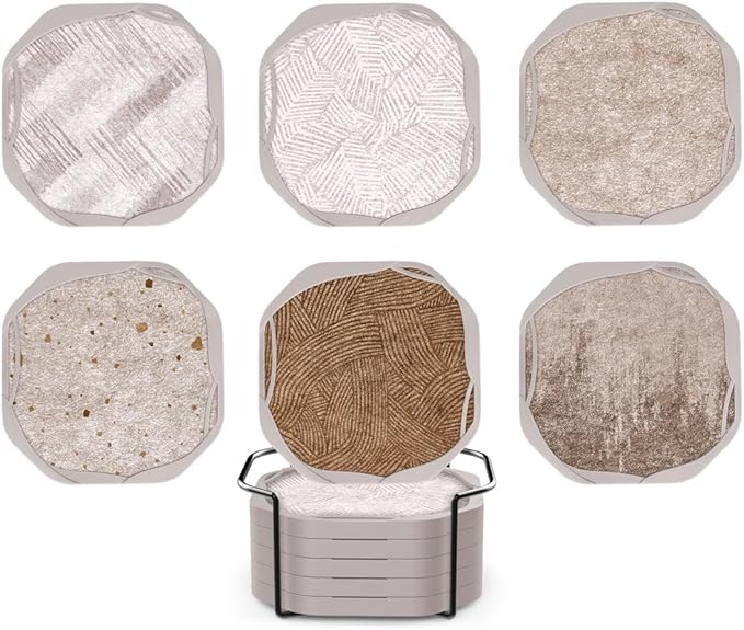 UMIRRO Absorbent Coasters for Drinks with Holder, Silicone Cup Coaster with Felt Insert for Coffee Table Decor, Small Unique Birthday Gift Ideas for Men, Dad, Him, Women Mom, Her, 4", Brown, Set of 6