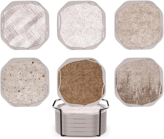 UMIRRO Absorbent Coasters for Drinks with Holder, Silicone Cup Coaster with Felt Insert for Coffee Table Decor, Small Unique Birthday Gift Ideas for Men, Dad, Him, Women Mom, Her, 4", Brown, Set of 6