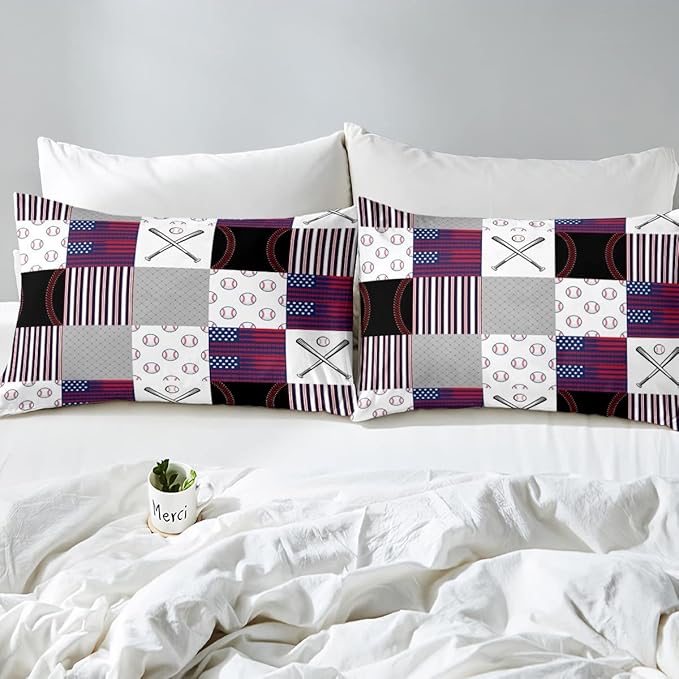 Boys Baseball Bedding Set Full Ball Games Sports Comforter Set for Kids Teens,Red Blue Abstract American Flag Bedding Comforter Set Patchwork Grey Grid USA Flag Quilt Duvet Set with 2 Pillow Cases