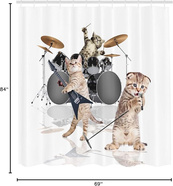 Ambesonne Animal Shower Curtain, Cool Hard Rocker Band of Kittens Singer Guitarist Cats Art Print, Cloth Fabric Bathroom Decor Set with Hooks, 69" W x 84" L, White Charcoal Grey Multicolor
