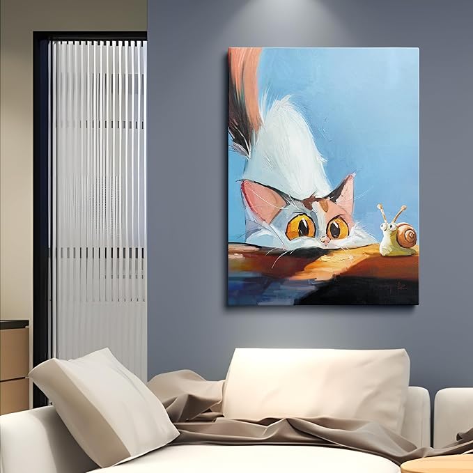 TimAsh Framed Funny Cat Wall Art Cat Staring at Snail Canvas Wall Decor Cartoon Cute Kitten Poster Painting Prints for Bedroom Bathroom Living Room 16'' x 12''