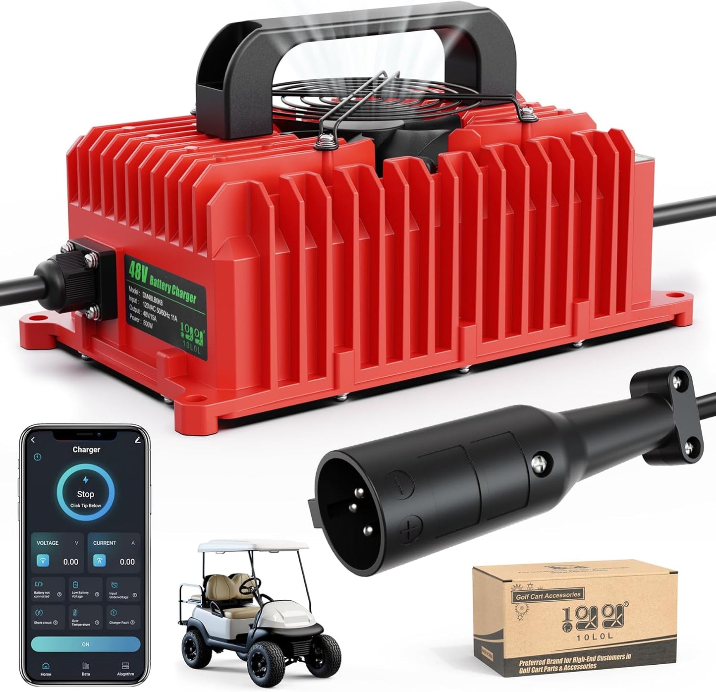 10L0L 15 Amp 48 Volt Golf Cart Charger for Club Car DS Precedent, Smart Golf Cart Battery Charger, 3 Battery Types Support, Battery Repair, Automatic Power Recharge, IP67 Waterproof