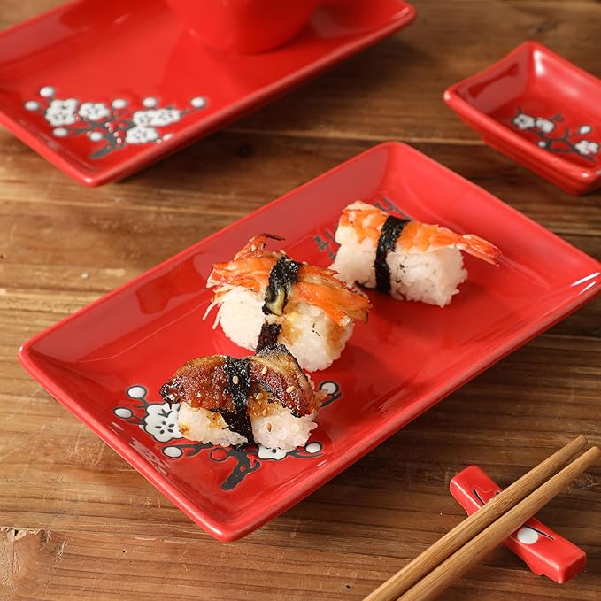 8 pcs Japanese Sushi Plate Sets Serving Platters and Trays for Entertaining Sushi Dishes Set Plates Sushi Plates Traditional Cuisine Dinnerware Sets with Chopsticks Red Plum