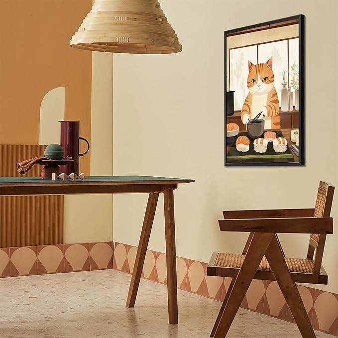 Vintage Cat Chef Kitchen Poster,Funny Food Canvas Wall Art,Cute Cat Cooking Sushi Print, Retro Kitchen Wall Decor, Whimsical Kitchen Art for Home, Dining Room, Cafe 16x24 in Aluminum Framed