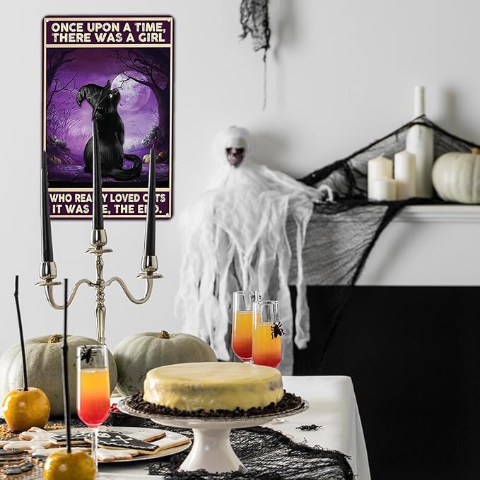 Women Girls Gift Funny Halloween Witch Cat Sign Cat Lovers Once Upon A Time I Pick Up A Black Cat Tin Sign Wall Art for Home Living Room Bedroom Decor 8 x 12 Inches (3139)