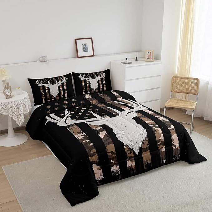Camouflage American Flag Comforter Set, Hunting Antler Bedding Comforter Sets Brown Black Camo Striped Bedding King Size for Kids Boys Teens Adult Women, Rustic Woodland Animal Duvet Insert