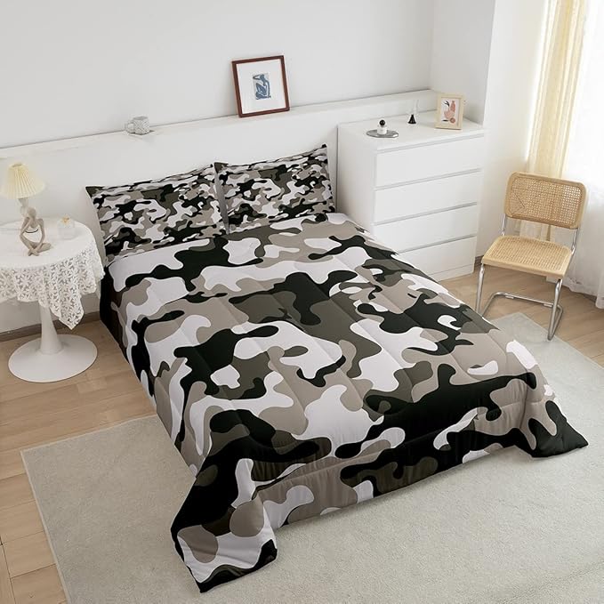 Camouflage Comforter Set Grey Camo Bedding Sets King Size Militarily Army Down Comforter for Boys Teens Men Adult Tie Dye Retro Geometric Warm Soft Quilted Duvet 3Pcs Bedroom Decor, All Season