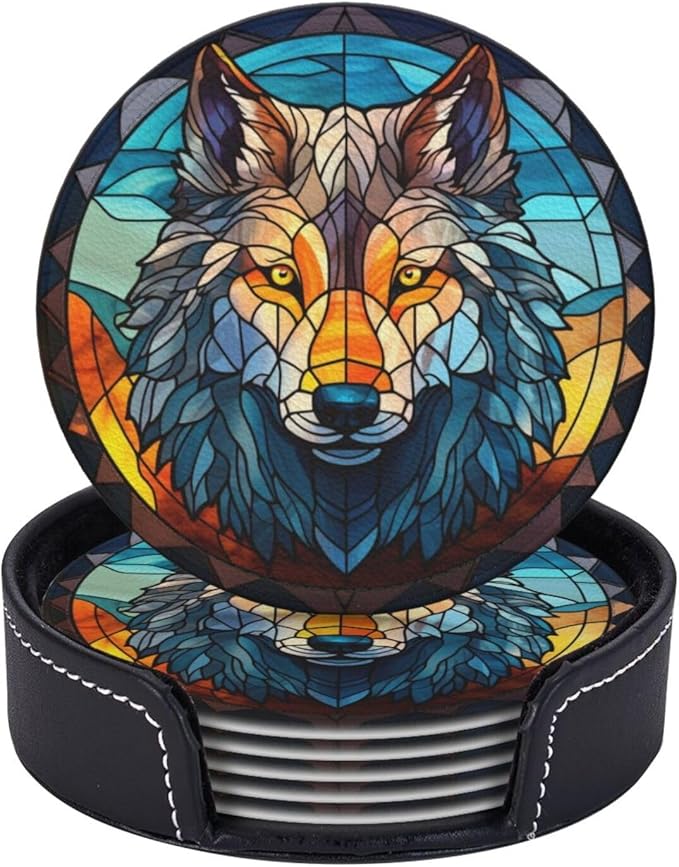 Wolf Drink Coaster Set of 6, Wolf Decor Gifts, Leather Drink Coasters with Holder, 6 Pack Cup/Bar/Drink Coasters for Table/Drinks/Coffee Protection Housewarming Gift (Wolf)