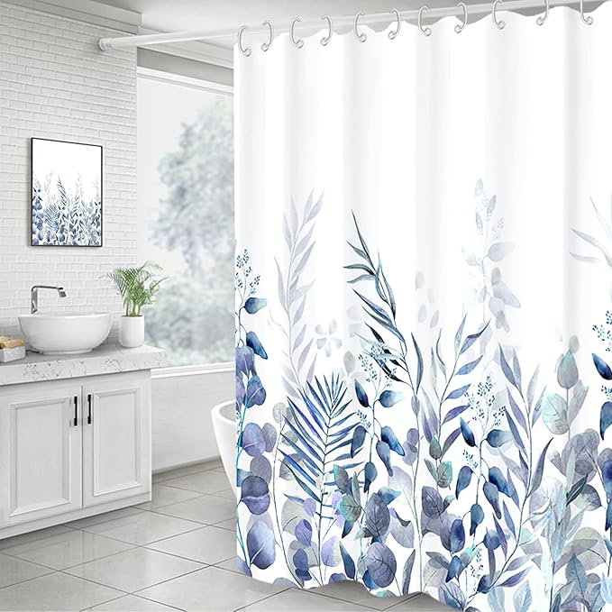 AWERT Shower Curtain Plants for Bathroom,Waterproof Quick-Drying Blue Leaves Shower Curtain Set with Hooks 72x84 Inch
