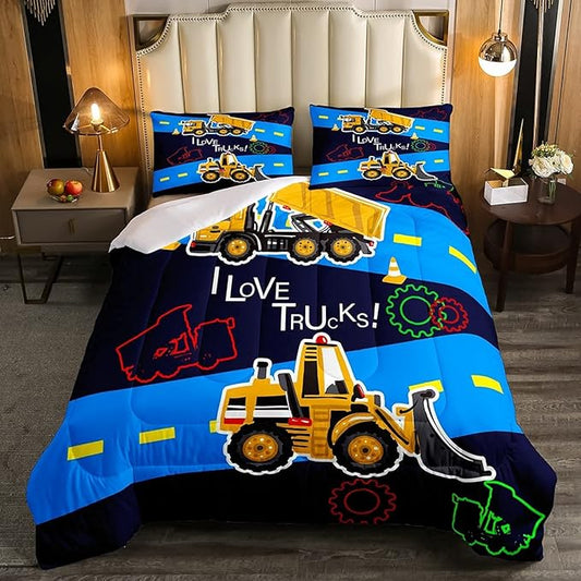 Truck Comforter Set Boys Full Down Comforter Kids Excavator Equipment Truck Bedding Set Construction Vehicle Quilt Duvet Set Cartoon Machinery Truck Gear Bulldozer Tractor Cars Duvet Set,Colorful