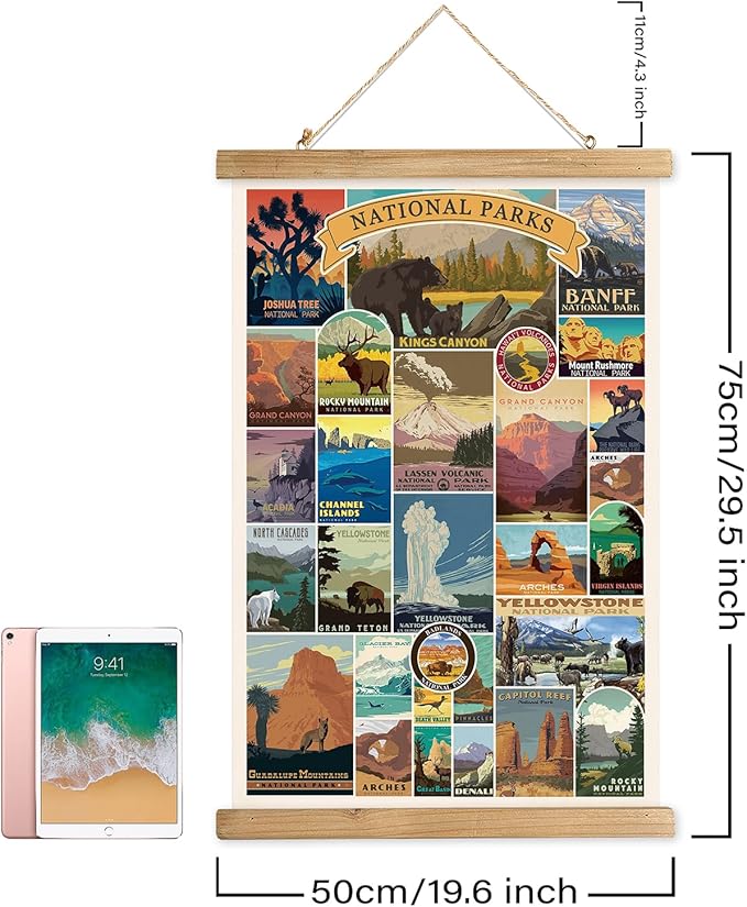 XIAOAIKA USA National Parks Retro Poster Collection - Illustrated Travel Destinations with Wooden Hanger - Vintage Wall Art for Outdoor Enthusiasts and Explorers 20 x 30 Inches