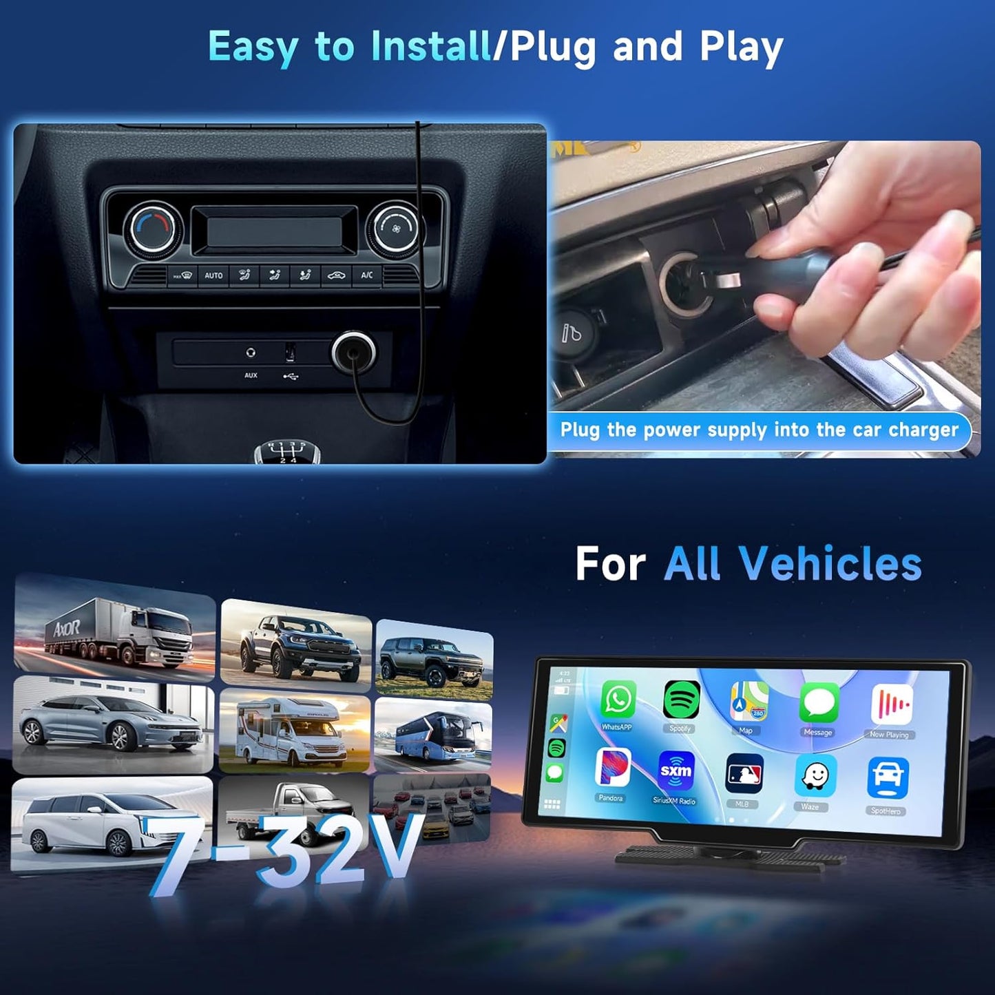 Podofo 10.26" Touchscreen Wireless Carplay Portable Car Stereo Android Auto, Car Play Navigation, Voice Control, Bluetooth/AUX/FM, Car Radio Receiver