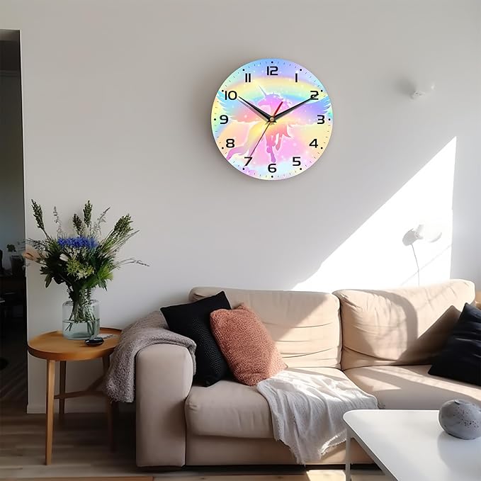 Wall Clock, 10 Inch Silent Non-Ticking Home Kitchen Decor, Battery Operated for Bathroom Bedroom Living Room Office(Rainbow Unicorn)
