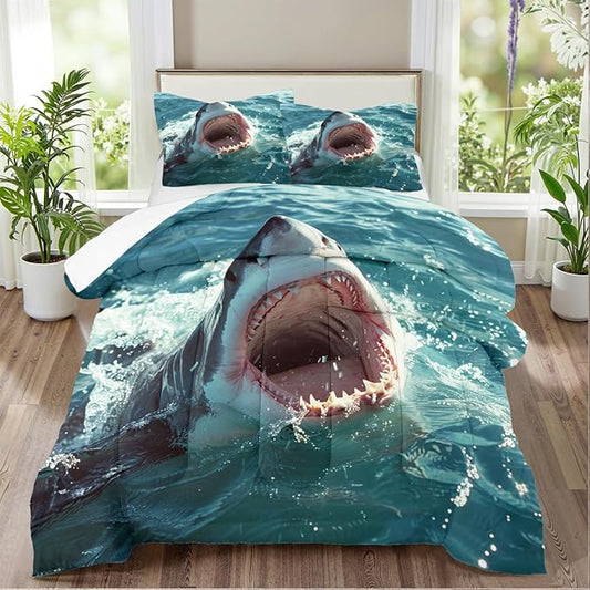 Boys Shark Bedding Set Twin Size Teal Blue Comforter Set for Kids Boys Teen Aqua Ocean Comforter Sets with 1 Sharks Comforter + 1 Pillowcase