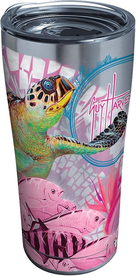 Tervis Guy Harvey Triple Walled Insulated Tumbler Travel Cup Keeps Drinks Cold & Hot, 20oz Legacy - Stainless Steel, Breast Cancer Awareness Turtles