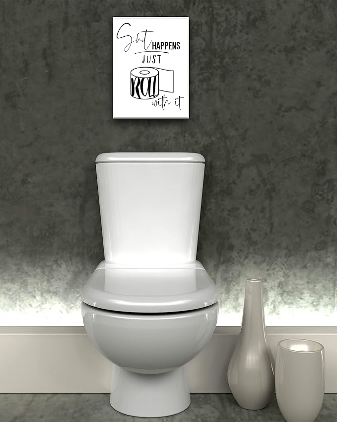 UPWOIGH Funny Bathroom Wall Art Decor, Black and White Toilet Paper Wall Art, Waterproof Wood Framed Canvas Wall Art, Downstairs Toilet Humor Abstract Prints, 12x16in Pictures 1 Pack