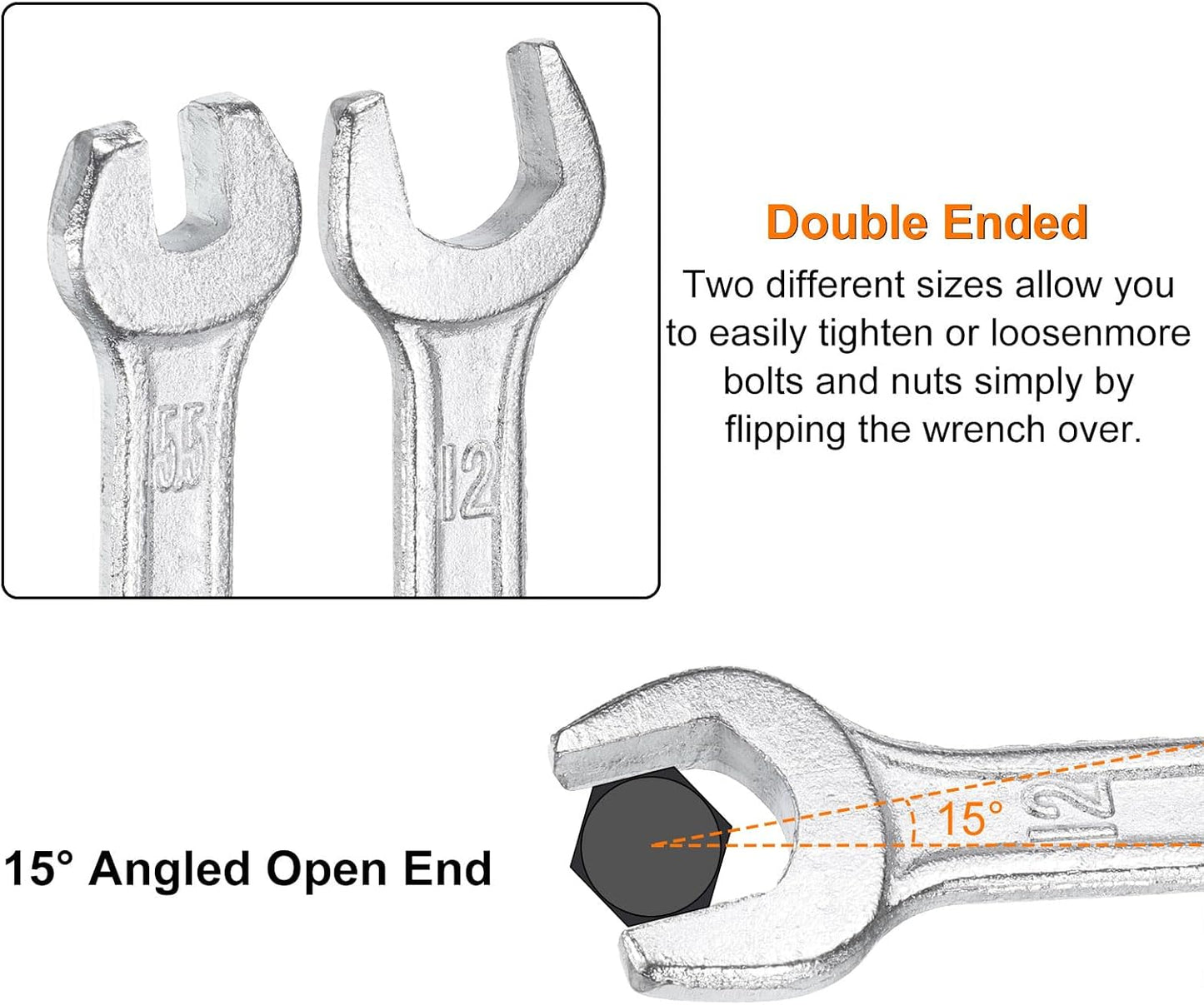 HARFINGTON 2pcs Double Open End Wrench 12mm x 14mm Metric 15 Degree Offset Angle Small Flat Head Wrench Galvanizing Open Ended Spanner for Automotive Repair Furniture Assembly