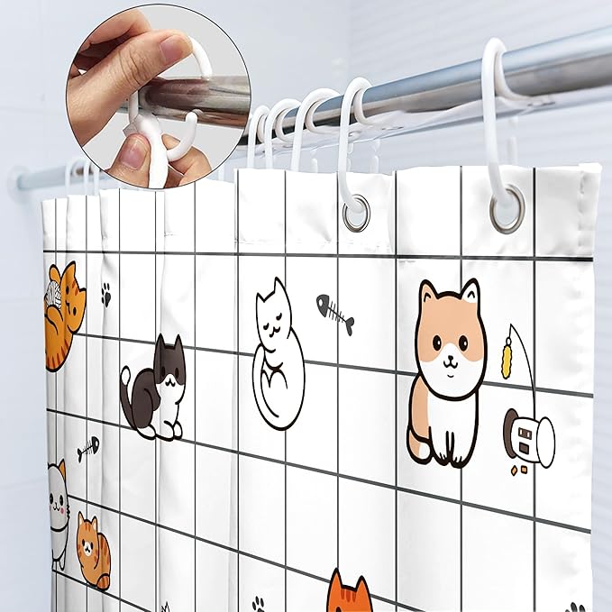 SVBright Cute Cat Shower Curtain 60Wx72L Inch Kids Cartoon Funny Kitty Animal Hilarious Lovely Pets Paw Print Boys Girls Newborn 12 Pack Hooks Polyester Waterproof Fabric Bathroom Bathtub Panels