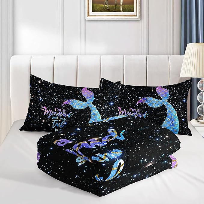 Bedding Comforter Set Black Starry Sky Mermaid Printed Pattern Quilt with 1 and 2 Pillowcases for Girls Bedroom All Season(Black Full) Full 80x90inches