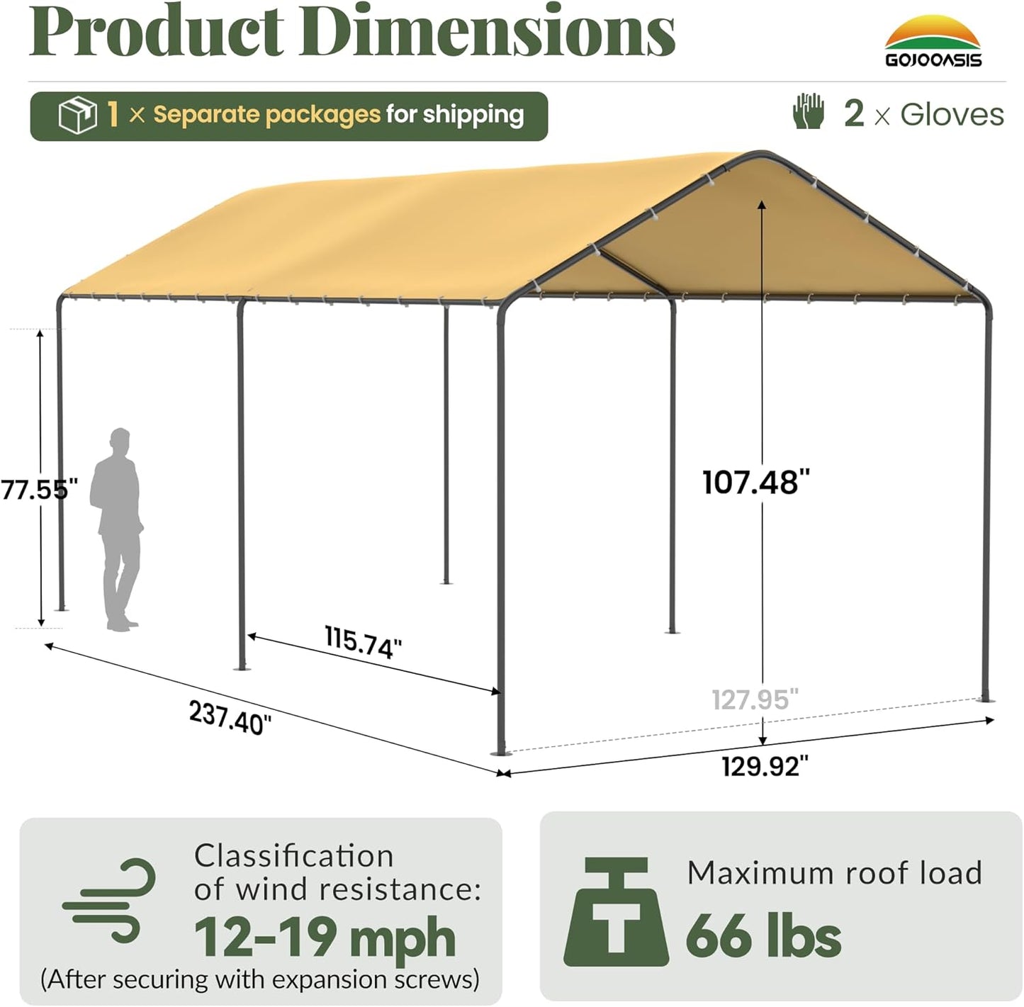 GOJOOASIS 10x20 Carport Heavy Duty Portable Garage Shelter Metal Car Canopy Tent with UV-Resistant & Weatherproof Top Cover for RV & Vehicles (Yellow, 10x20 Without sidewalls)