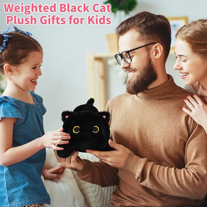 Weighted Black Cat Plush,Weighted Black Cat Stuffed Animal for Kids,Cute Stuffed Cat Plush Pillow,Soft Cat Plushies Toys Gifts for Kids