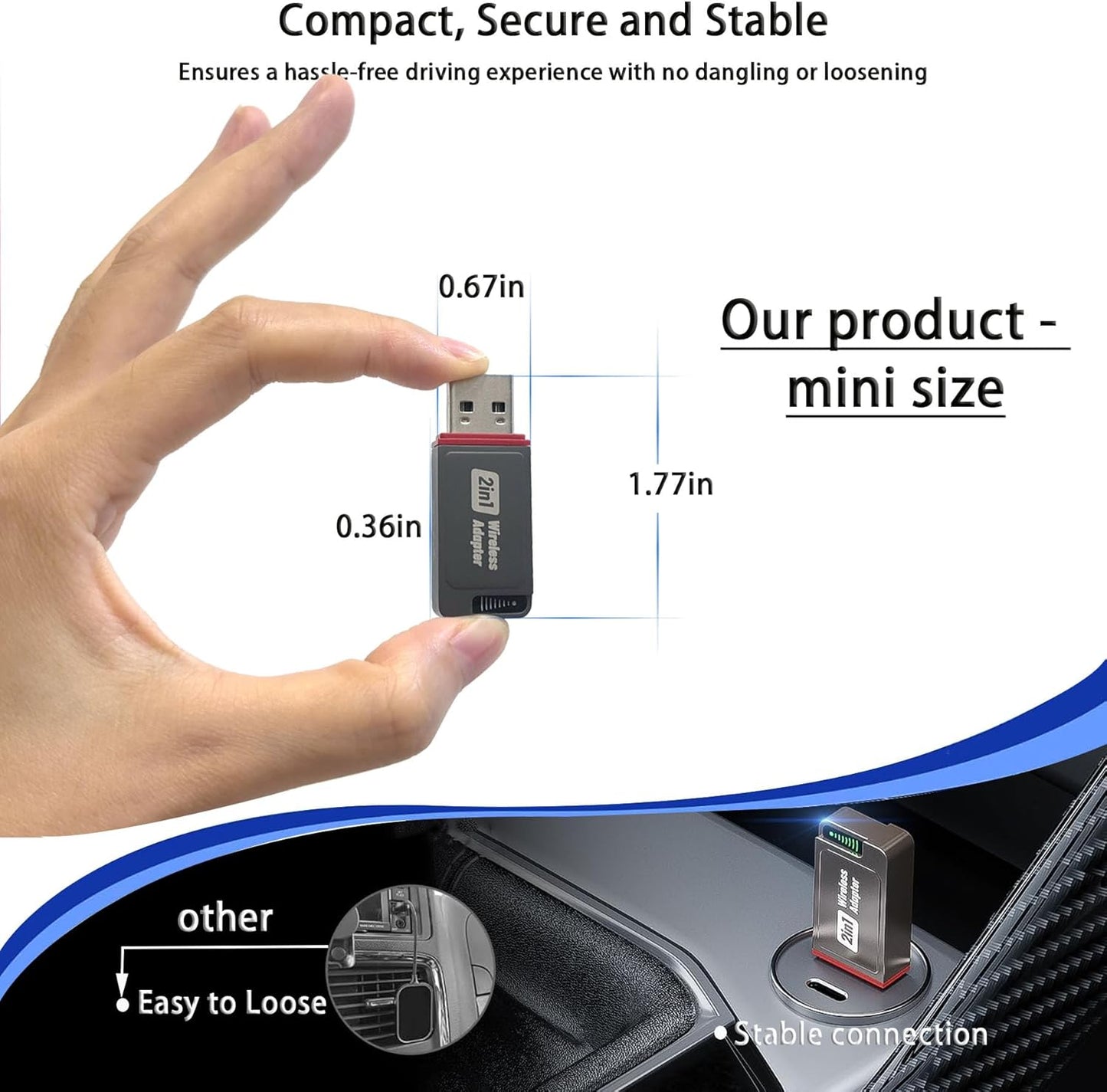 2-in-1 Wireless CarPlay Adapter for iPhone& Android, Convert Wired to Wireless Apple CarPlay Adapter, Mini Size with Extension Cable USB & USB-A/Type-C, Stable Control & No Delay