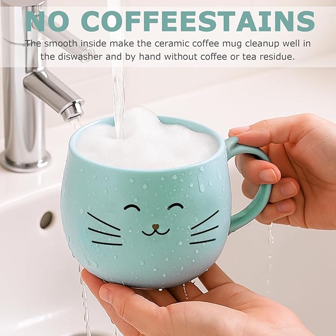 Yuwu Cat Ceramic Coffee Mug with Spoon & Lid, 13.5 oz Novelty Mug with Phone Stand Lid, Cute Tea Cup for Women & Cat Enthusiasts (Blue)