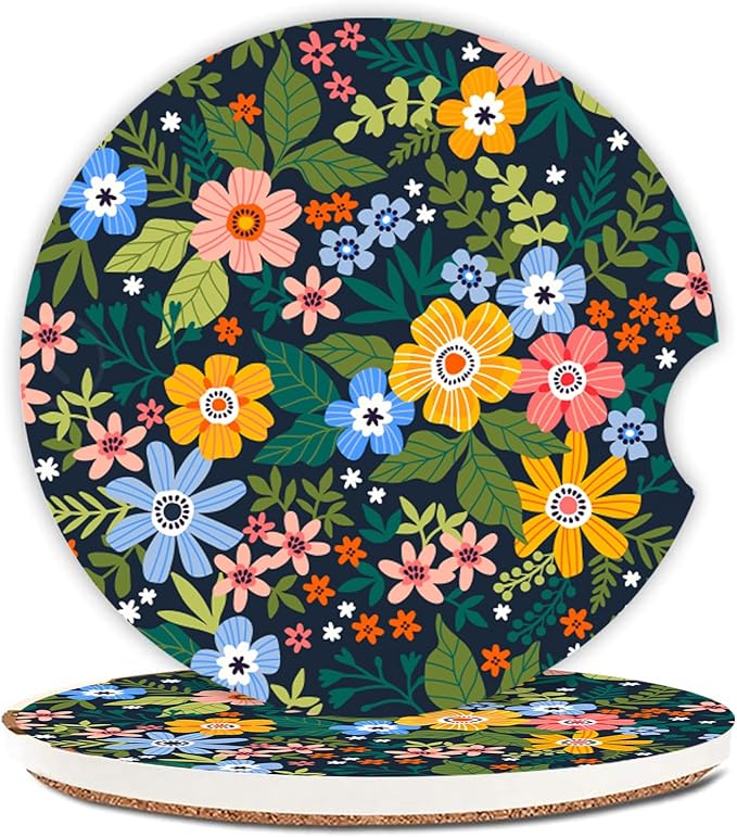 Yellow Flowers Car Coasters for Drinks Absorbent,2 Pack Cup Holders,2.56" Ceramic Stone & Non-Scratch Cork Base Coasters,Auto Accessories for Women & Men.