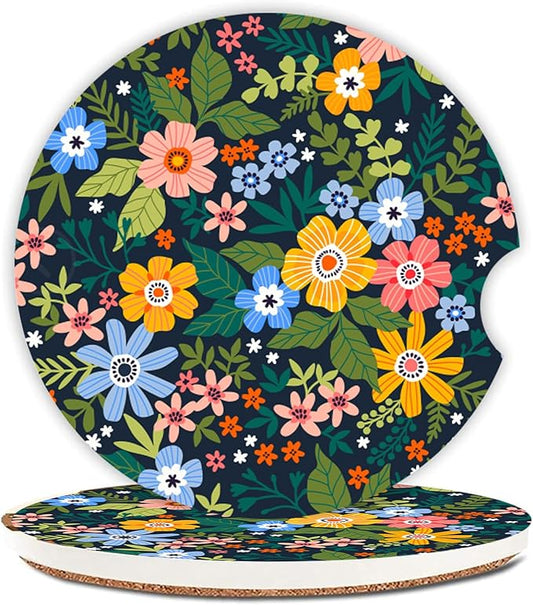 Yellow Flowers Car Coasters for Drinks Absorbent,2 Pack Cup Holders,2.56" Ceramic Stone & Non-Scratch Cork Base Coasters,Auto Accessories for Women & Men.