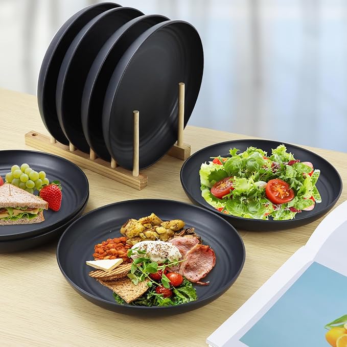 Wheat Straw Dinner Plates - Set of 8, Unbreakable & Microwave/Dishwasher Safe, Black