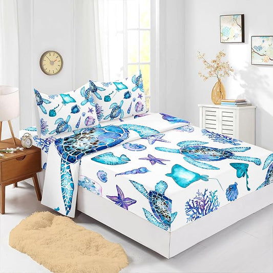 Blue Sea Turtle Sheet 4Pcs Twin Ocean Coral Starfish Shell Fish Bedding Set for Kid Teen Girl Boy Adult Bed Decor Conch Manta Ray Bedspread with 1 Flat Sheet and 1 Fitted Sheet+2 Pillowcases