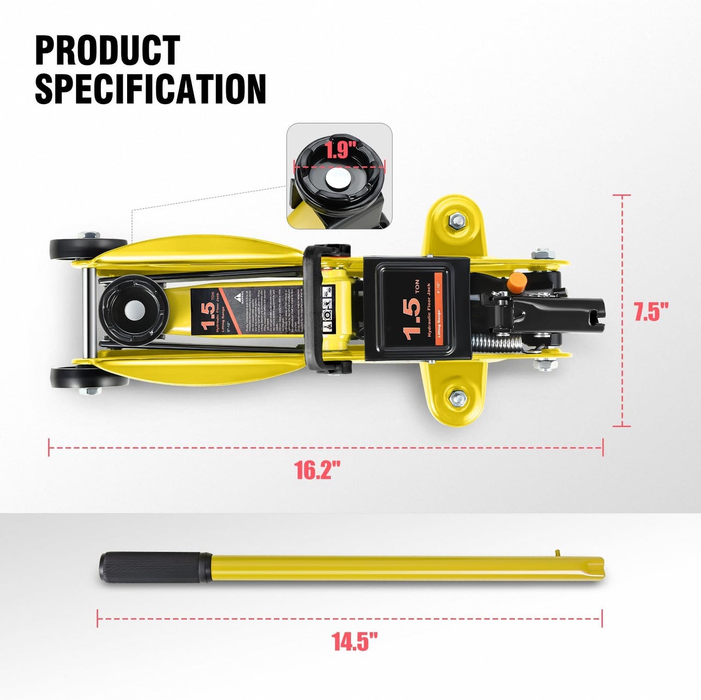 DNA MOTORING Low Profile Hydraulic Trolley Service/Floor Jack, 1.5 Ton (3000 lbs) Capacity, Lifting Range 5.3"-12", Yellow, TOOLS-00326-YL