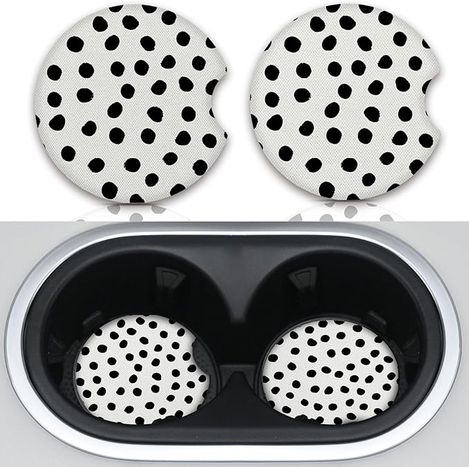 Car Coasters for Cup Holders,Cute Car Accessories for Women Interior,Cute Auto Accessories Gifts Cute Black Polka Dot,Pack of 2 2.75inch Drink Cup Car Holder Coasters with A Finger Notch