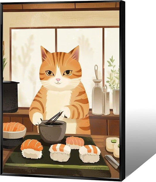 Vintage Cat Chef Kitchen Poster,Funny Food Canvas Wall Art,Cute Cat Cooking Sushi Print, Retro Kitchen Wall Decor, Whimsical Kitchen Art for Home, Dining Room, Cafe 24x36 in Aluminum Framed
