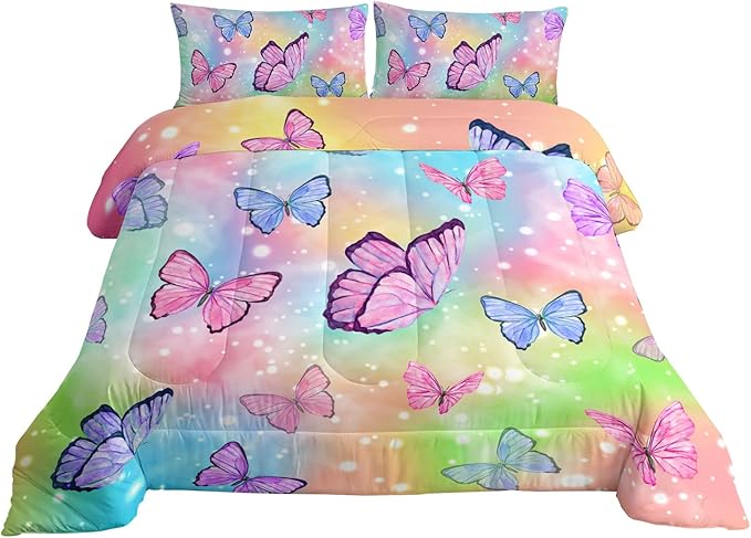 Bedding Comforter Set Rainbow Watercolor Printed Pattern Quilt Bedding Set with 1 Comforter and 2 Pillowcases for Girls Bedroom All Season(Butterfly Watercolor Twin)