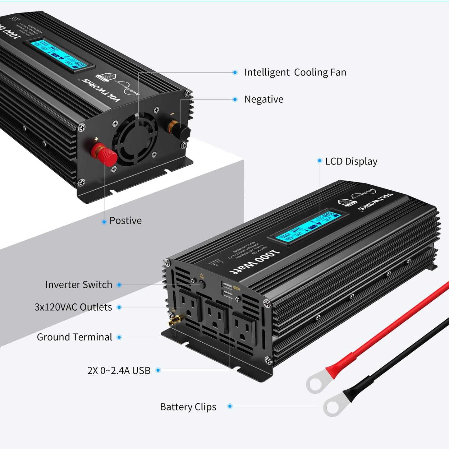 1000 Watt Pure Sine Wave Power Inverter ETL UL458 12V DC to 110V 120V AC 1000W for Home RV Truck Off-Grid Solar Compatible with Lithium Battery with LCD Display [3 Years Warranty] by VOLTWORKS