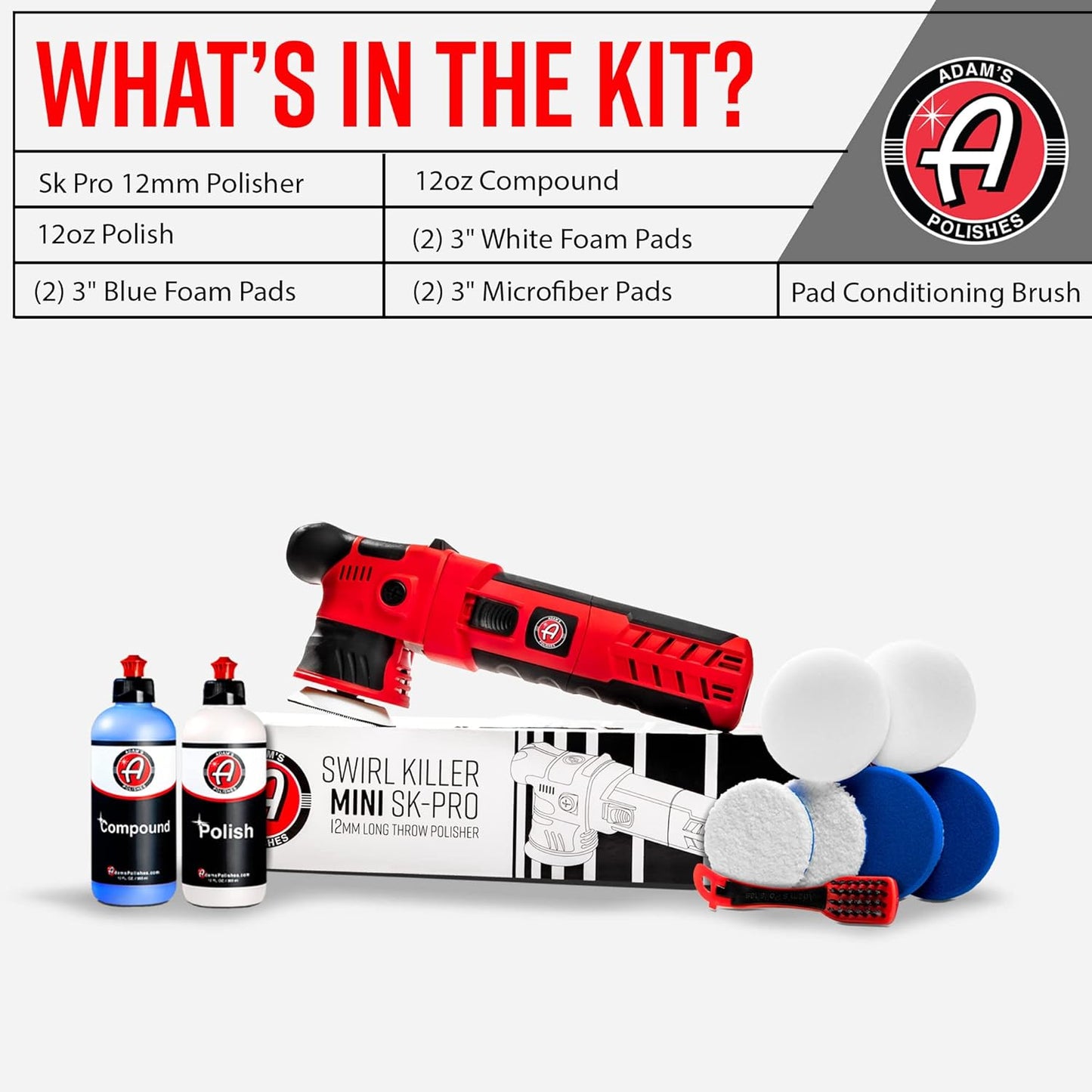 Adam's Polishes SK Pro 12mm Car Polisher Kit (10 Item) - Professional Dual Action Polisher for Car Detailing - Paint Correction, Waxer Buffer DA Polisher - Variable Speed Car Polisher System