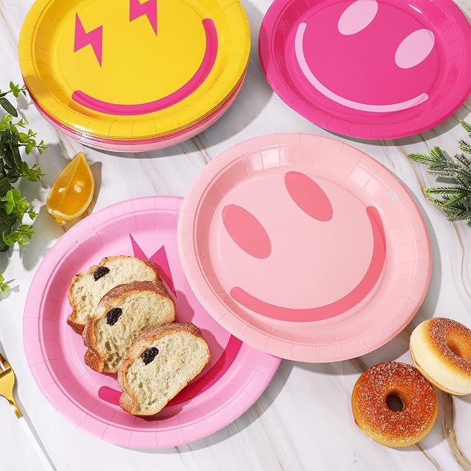 Whaline Preppy Paper Plates Smile Face Disposable Plates 4 Styles Dinner Plates Set 9 Inch Groovy Dessert Plates for Party Supplies Table Decor, 40Pcs