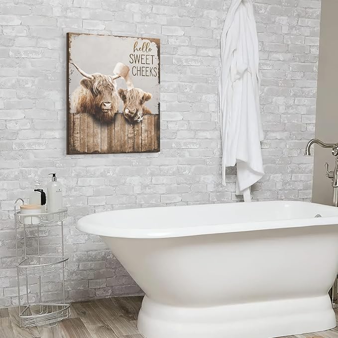 Bathroom Decor Canvas Wall Art Highland Cow Pictures Wall Decor Farmhouse Bathroom Cow Painting for Bathroom Toilet Country Cattle Prints Artwork Framed 16"x20"