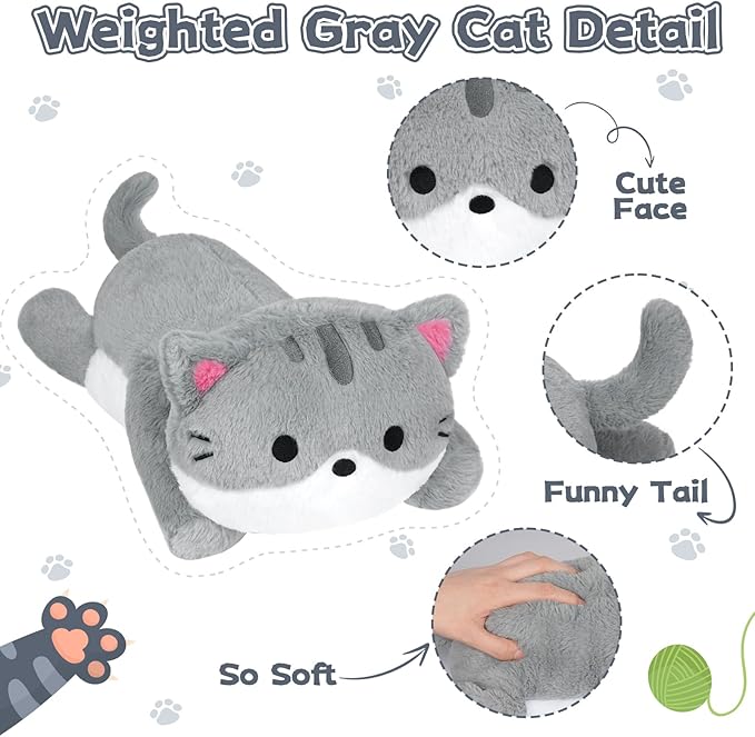 Weighted Cat Stuffed Animal,Cute Weighted Gray Cat Plush Pillow,Soft Large Gray Cats Plushies Pillows Toys Gifts for Kids 18 Inch,2 Lbs