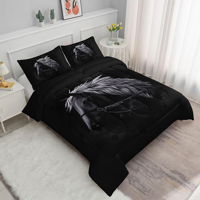 Bedding Comforter Set Black Horse Dark Horse Printed Pattern Quilt Bedding Set with 1 Comforter and 2 Pillowcases for Girls and Boys Bedroom All Season(Black Horse Queen)
