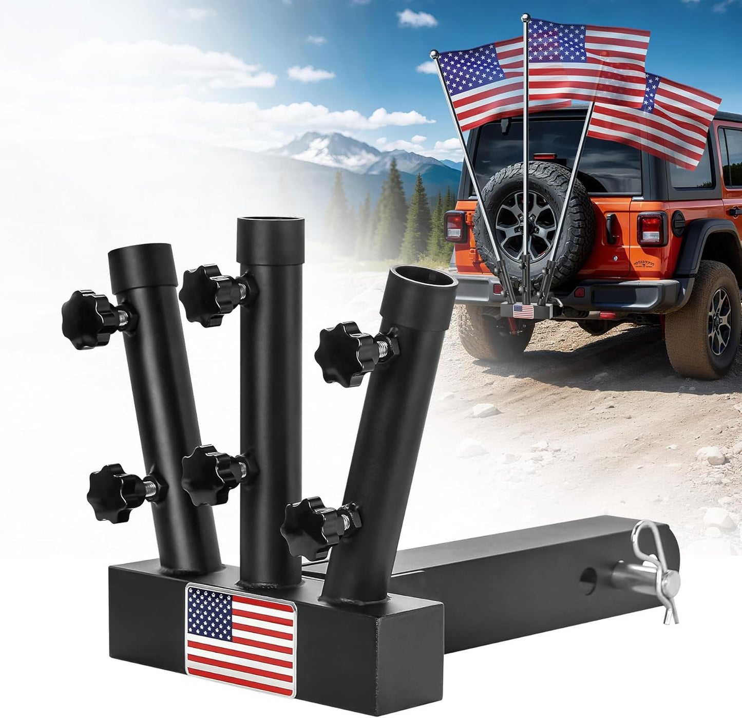 Heavy Duty Three Hitch Flag Holder, Trailer Hitch Flag Pole Holder, Fits 2" Trailer Receivers, Universal Hitch Flag Pole Holder Kit with Cars, Trucks, SUV, Pickups, Campers & Trailers