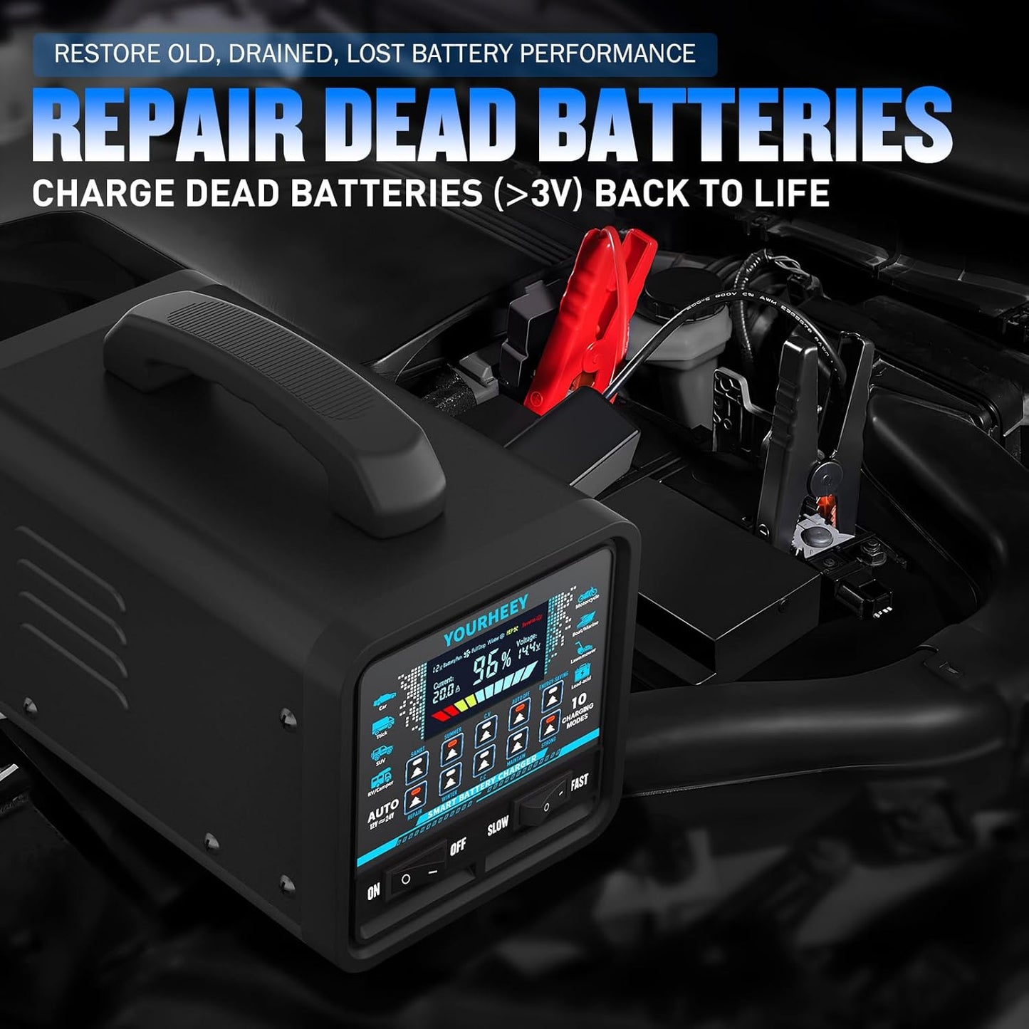 12V/24V 0-20A Heavy Duty Battery Charger/Maintainer with Auto Shutoff, Repair & Winter Mode, 10 Modes & Color Screen for Car, Truck, Motorcycle, RV, Boat, Lawn Mower, cargador de batería de carro